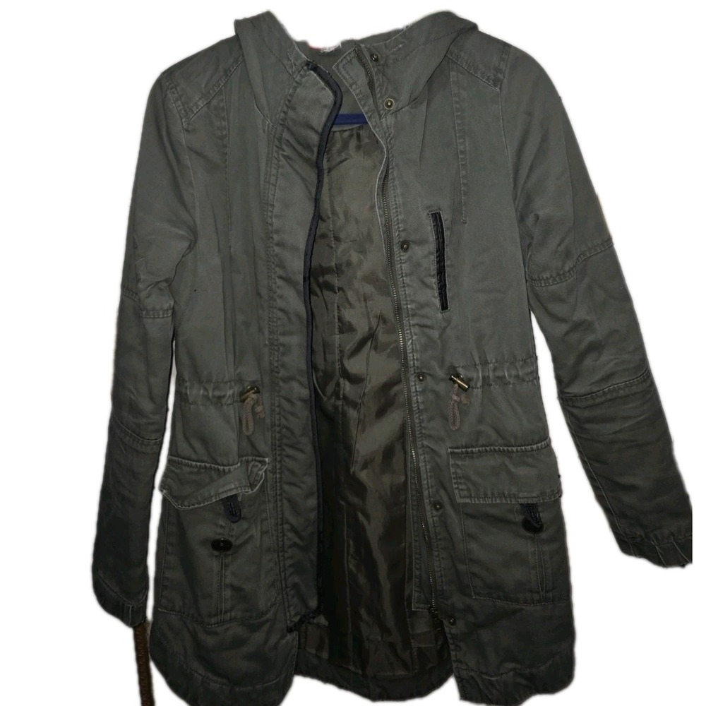 Divided H&M Green Full Zip Military Faux Fur Hooded Parka Quilted Jacket Sz 2